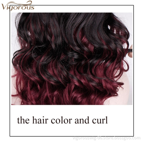 Vigorous Long Ombre Red Big Wave Synthetic Wigs for Women Side Parting with Bangs Heat Resistant Wavy Cosplay Wigs